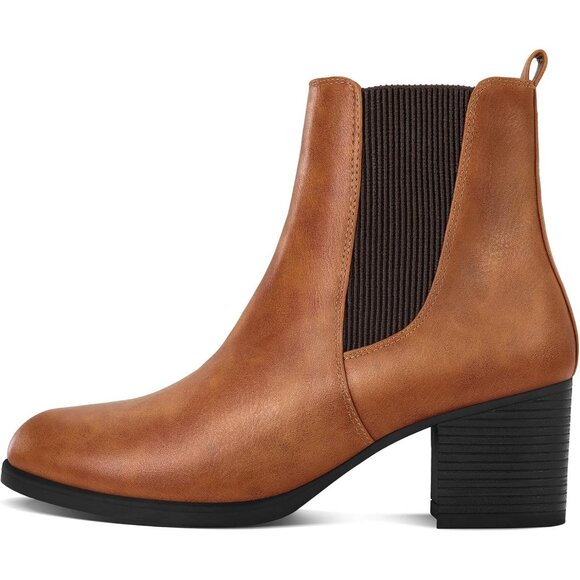Women's Brown Chelsea Boots Chunky Block Heel Slip On Ankle Boots with Elastic - Picture 7 of 8